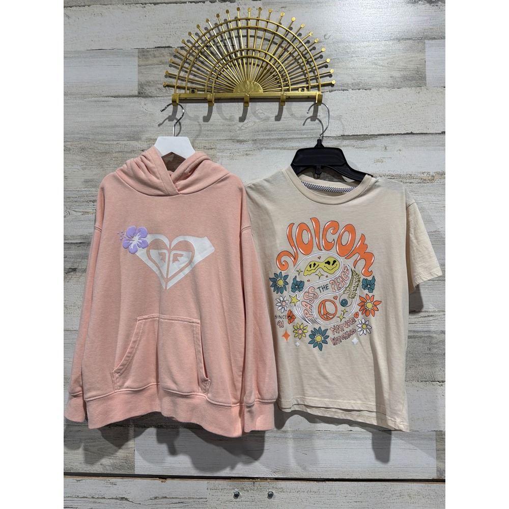 Roxy Volcom Hoodie T-Shirt Girls 7/8 Pink Cream Surf Skate Coastal EUC
